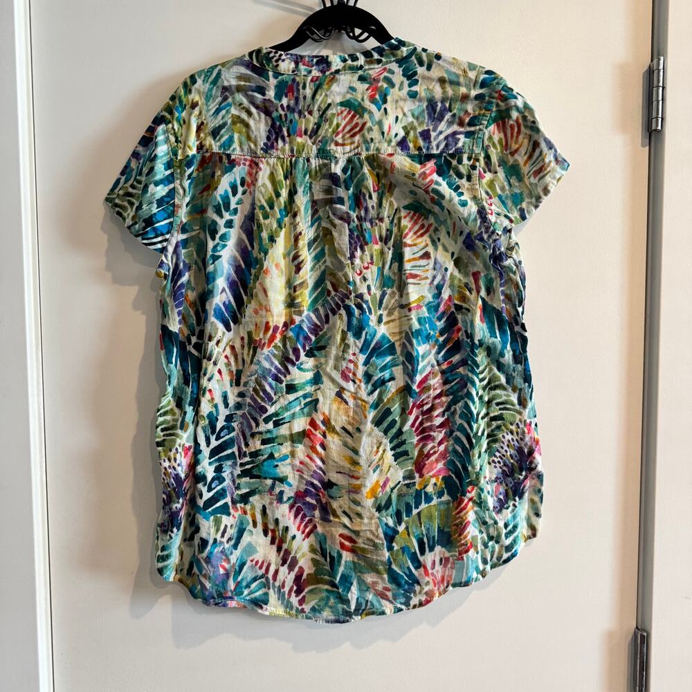 Soft Surroundings Button-Up Top Multicolor Hawaiian Palm Short Sleeve Sz XL